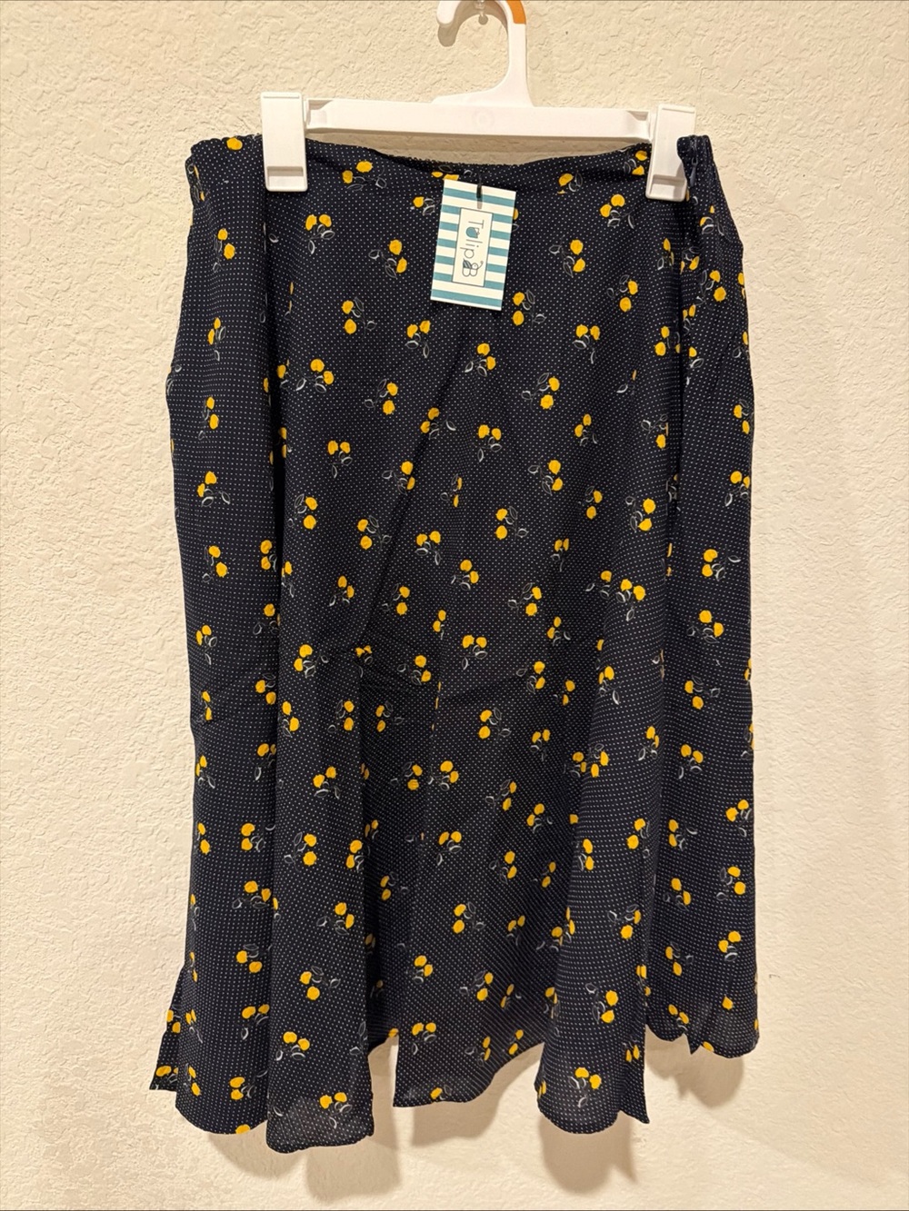 Navy Midi Wrap Skirt with Yellow Cherry Print